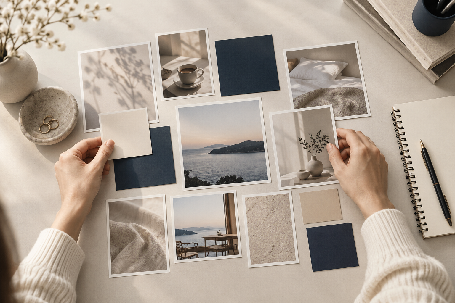 写真とカードを並べて発信のコンセプトを考える手元