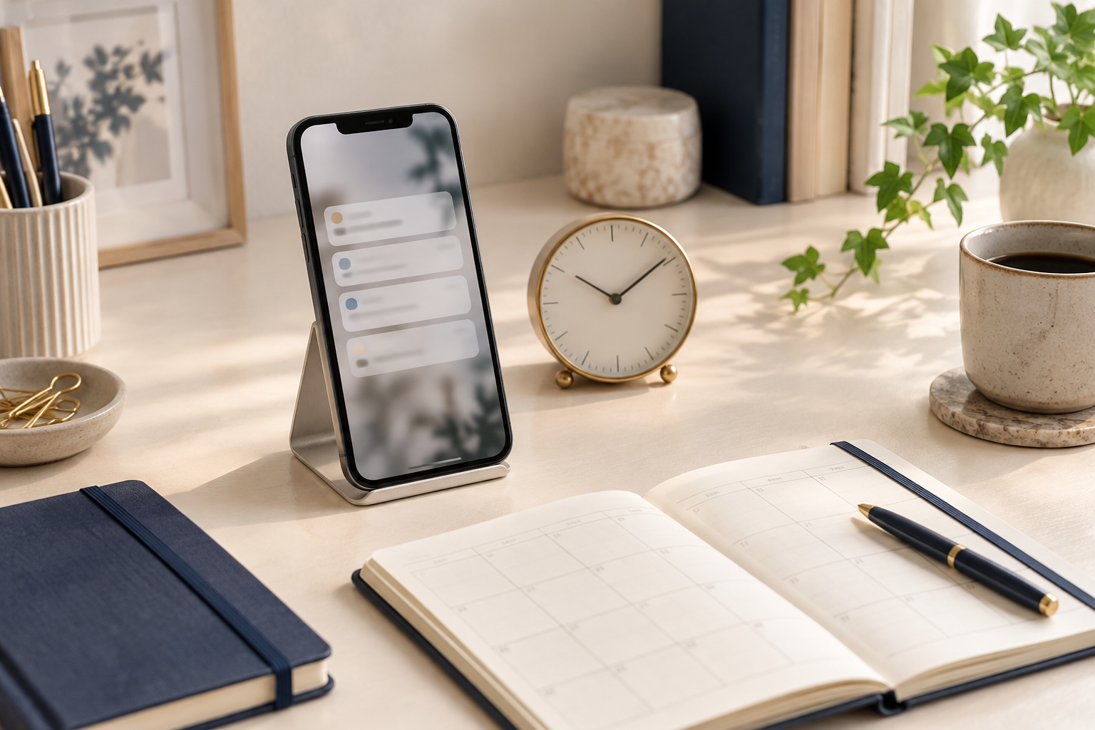 通知のあるスマホと時計、予定を整理する手帳